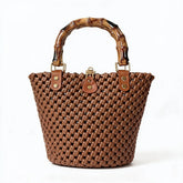 Handwoven PE rattan bucket bag with curved handle