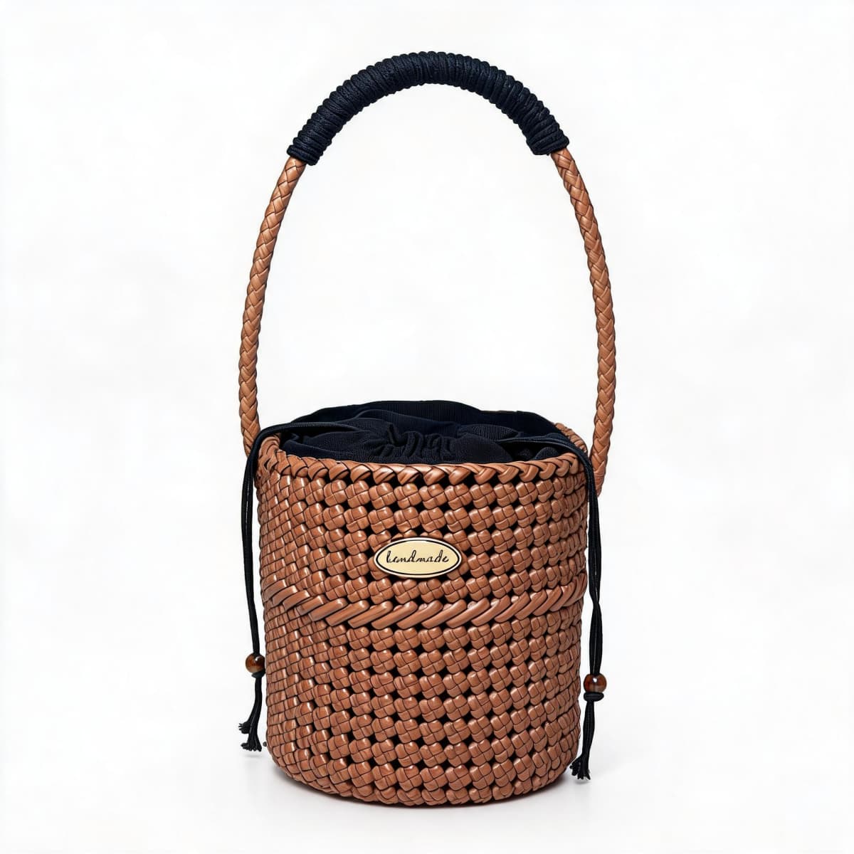 Handmade PE Rattan Bucket Bag with Braided Handle