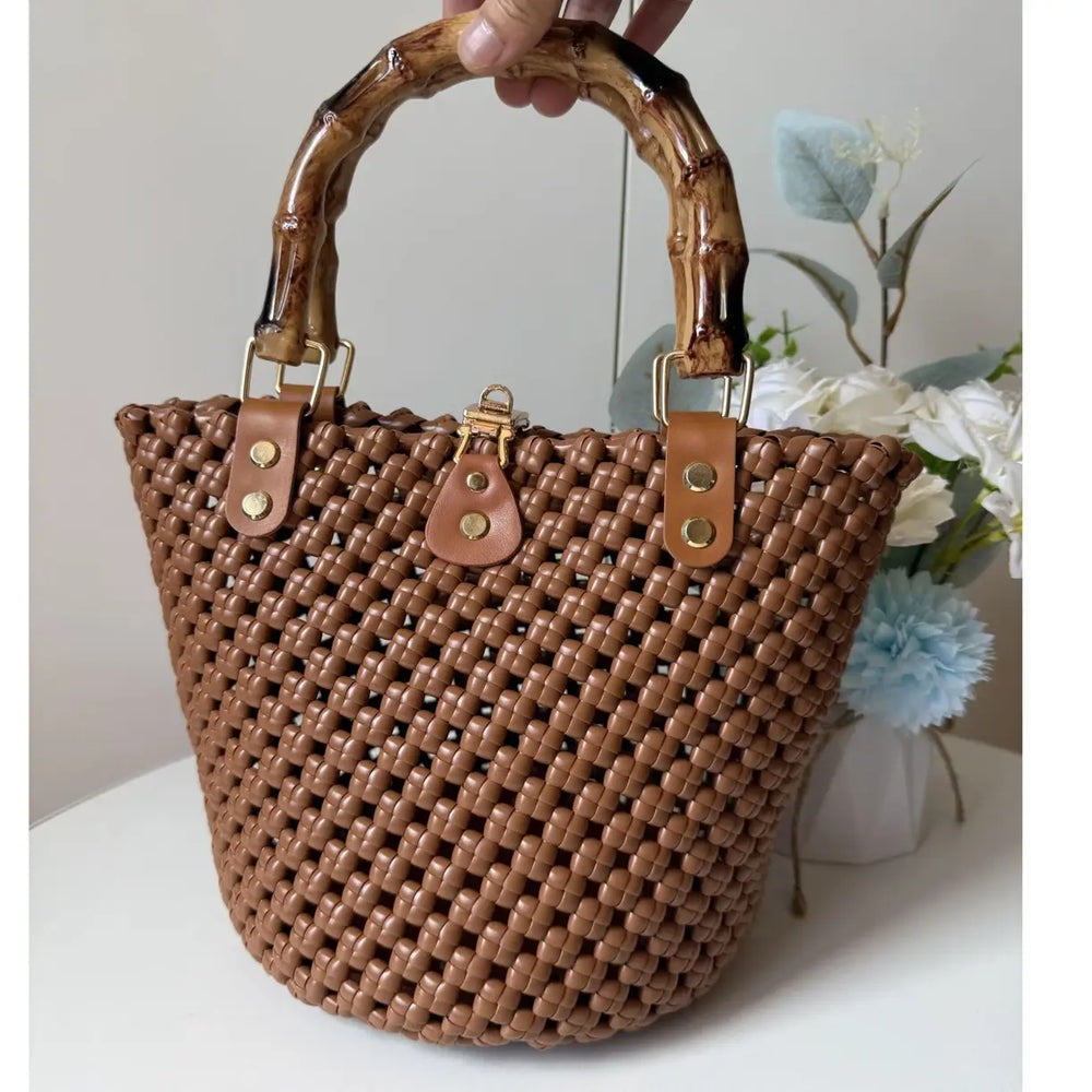 Brown PE rattan bucket bag