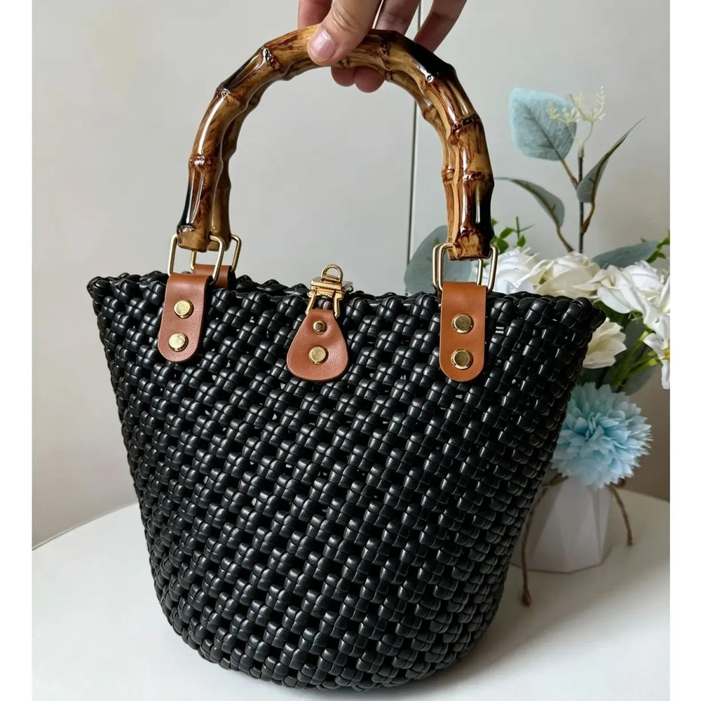 PE rattan bucket bag, black