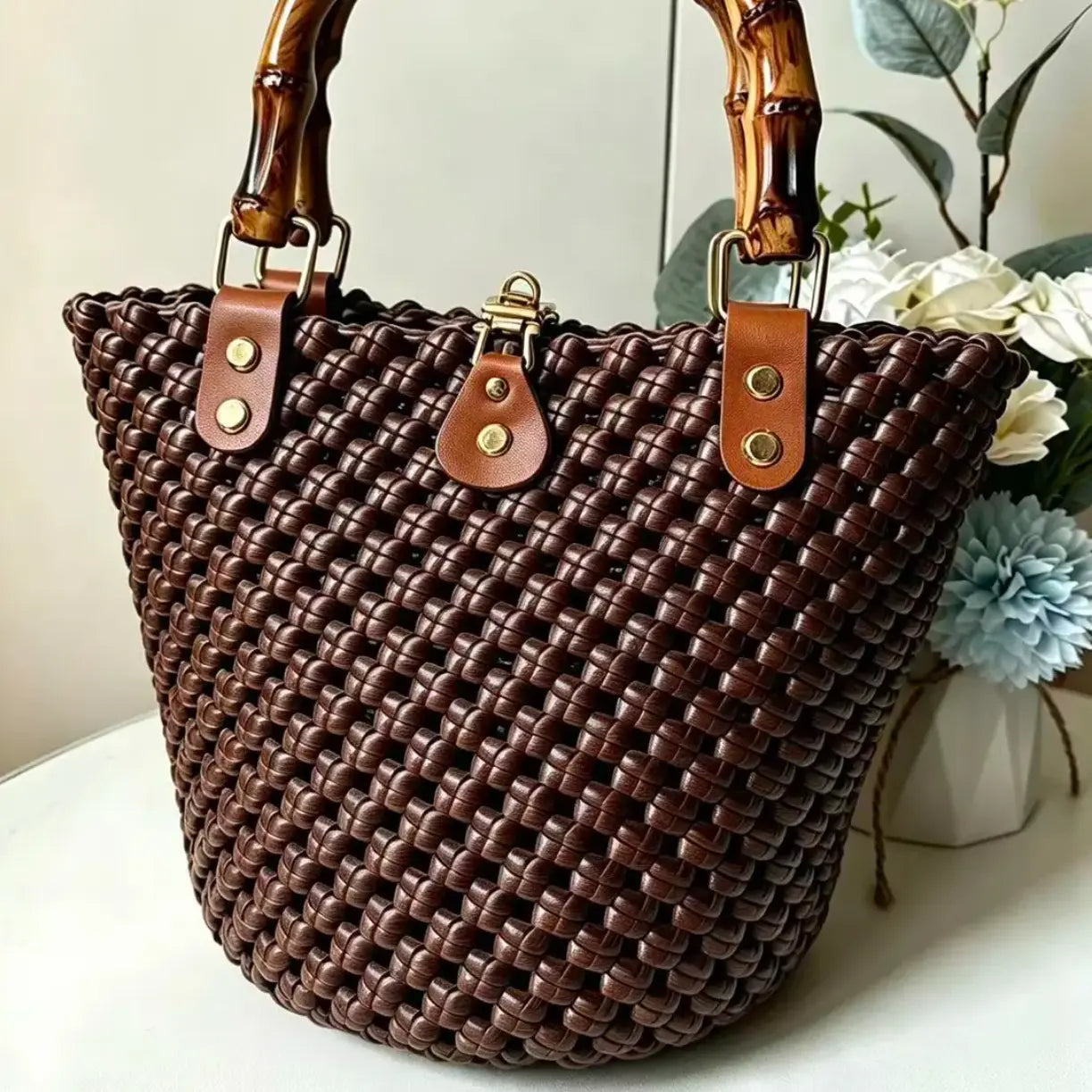 PE rattan bucket bag, dark brown
