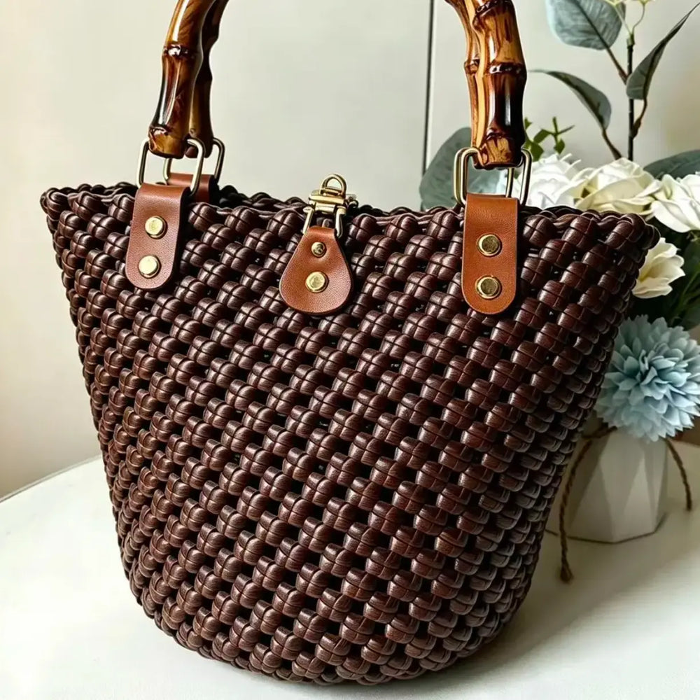 PE rattan bucket bag, dark brown
