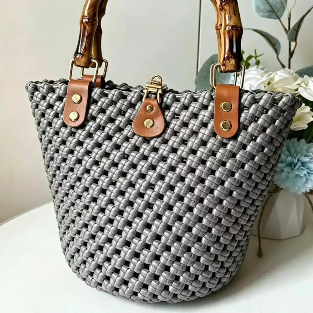 PE rattan bucket bag, gray