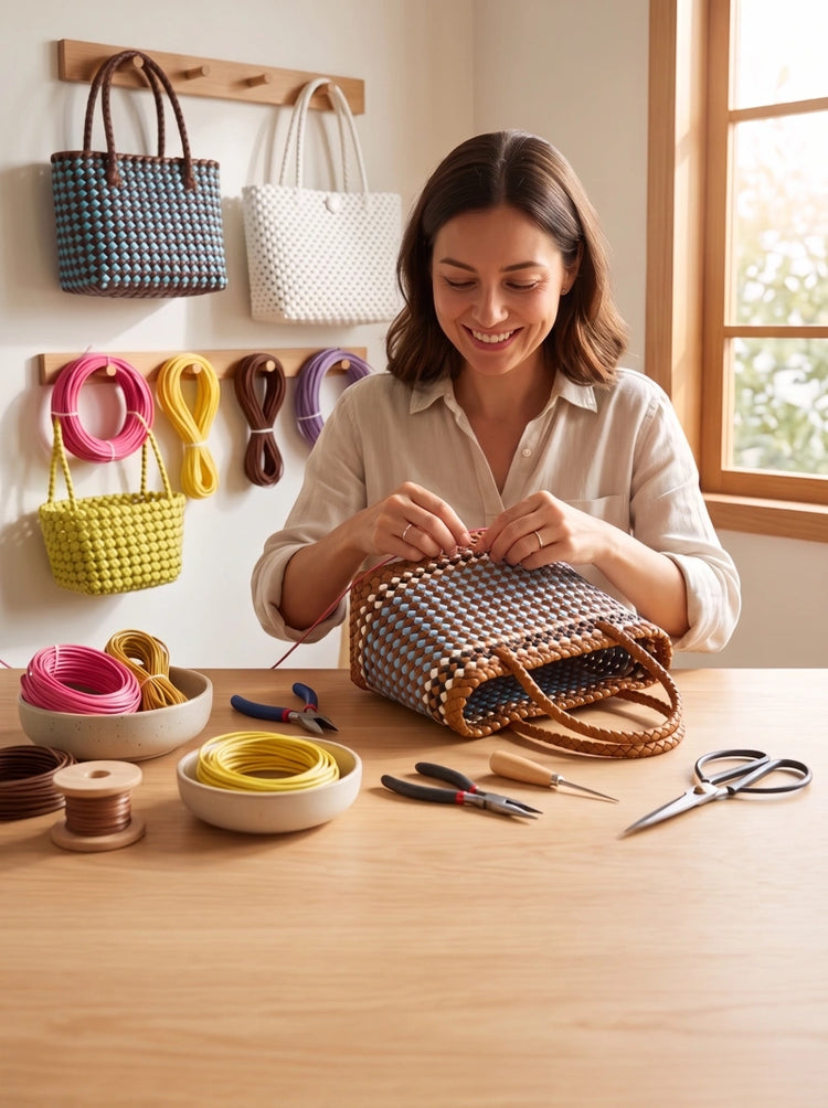 Woman creating a handmade woven bag with PE rattan materials in a cozy craft studio.