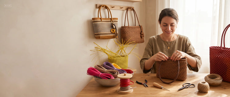Woman creating a handmade woven bag with PE rattan materials in a cozy craft studio.
