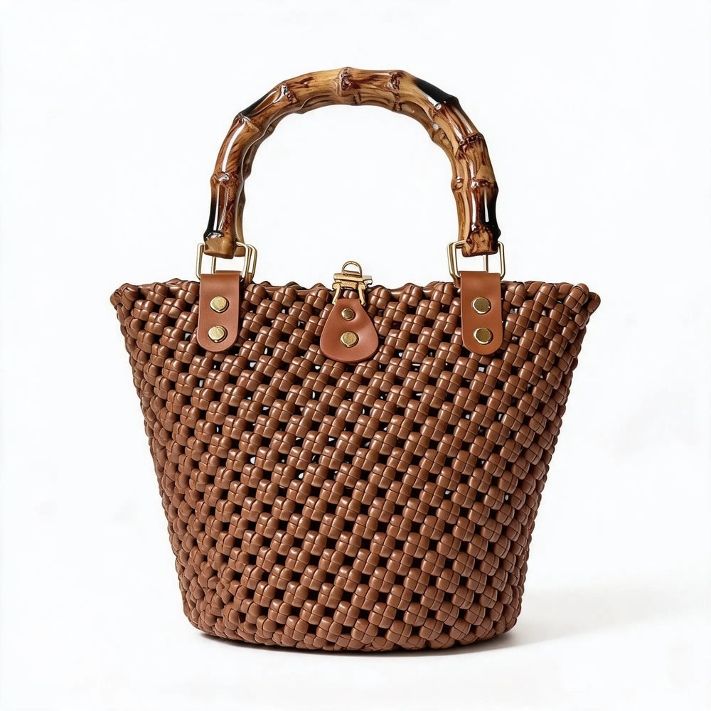 Handwoven PE rattan bucket bag with curved handle