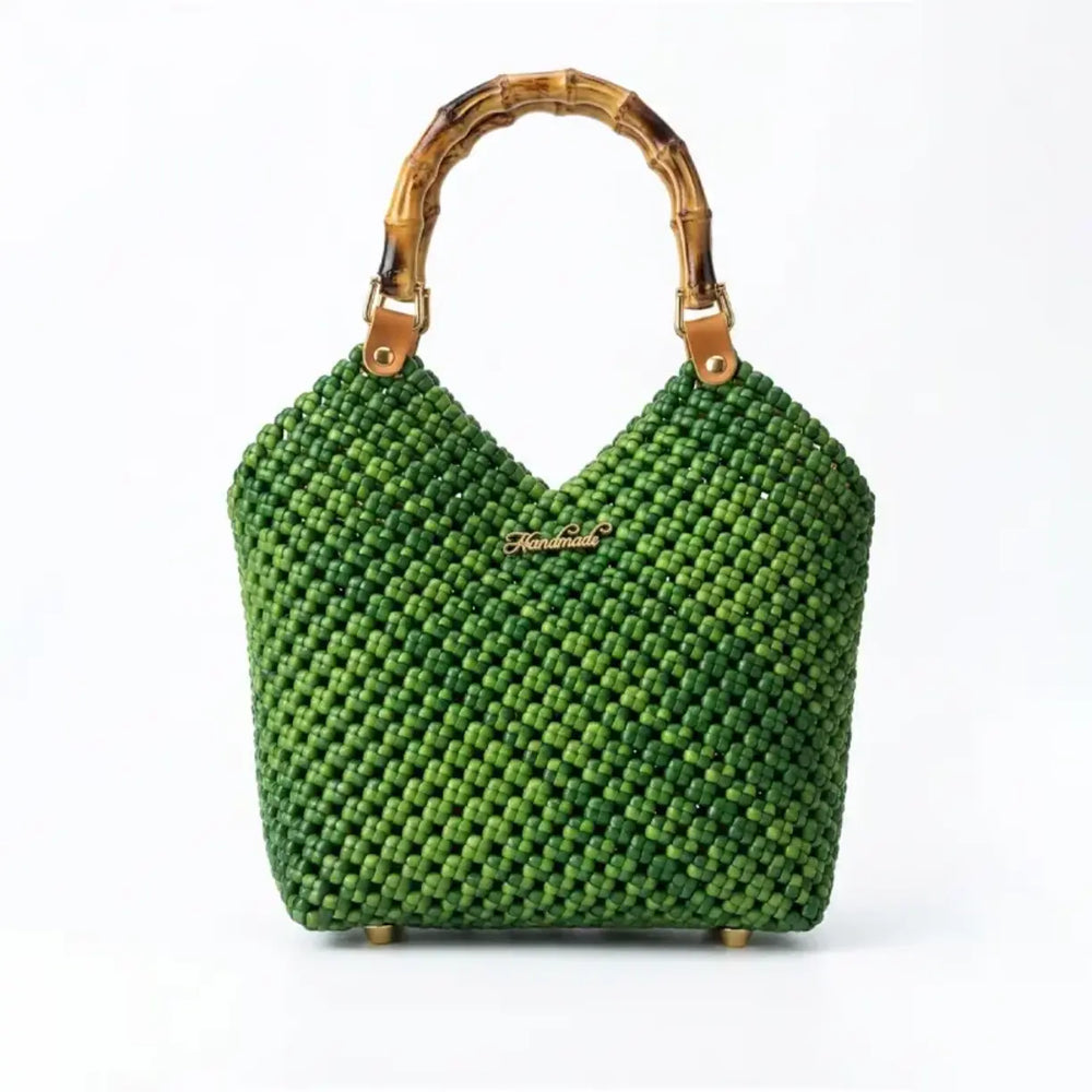 Handwoven PE Rattan Tote Bag with Bamboo Handle green