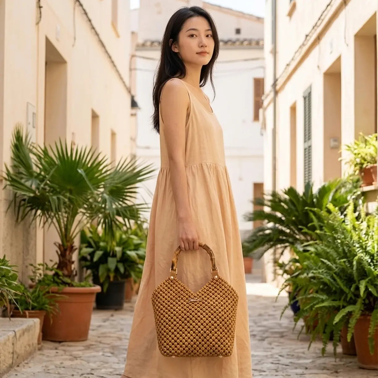 Handmade PE rattan tote bag styled for everyday and casual use.