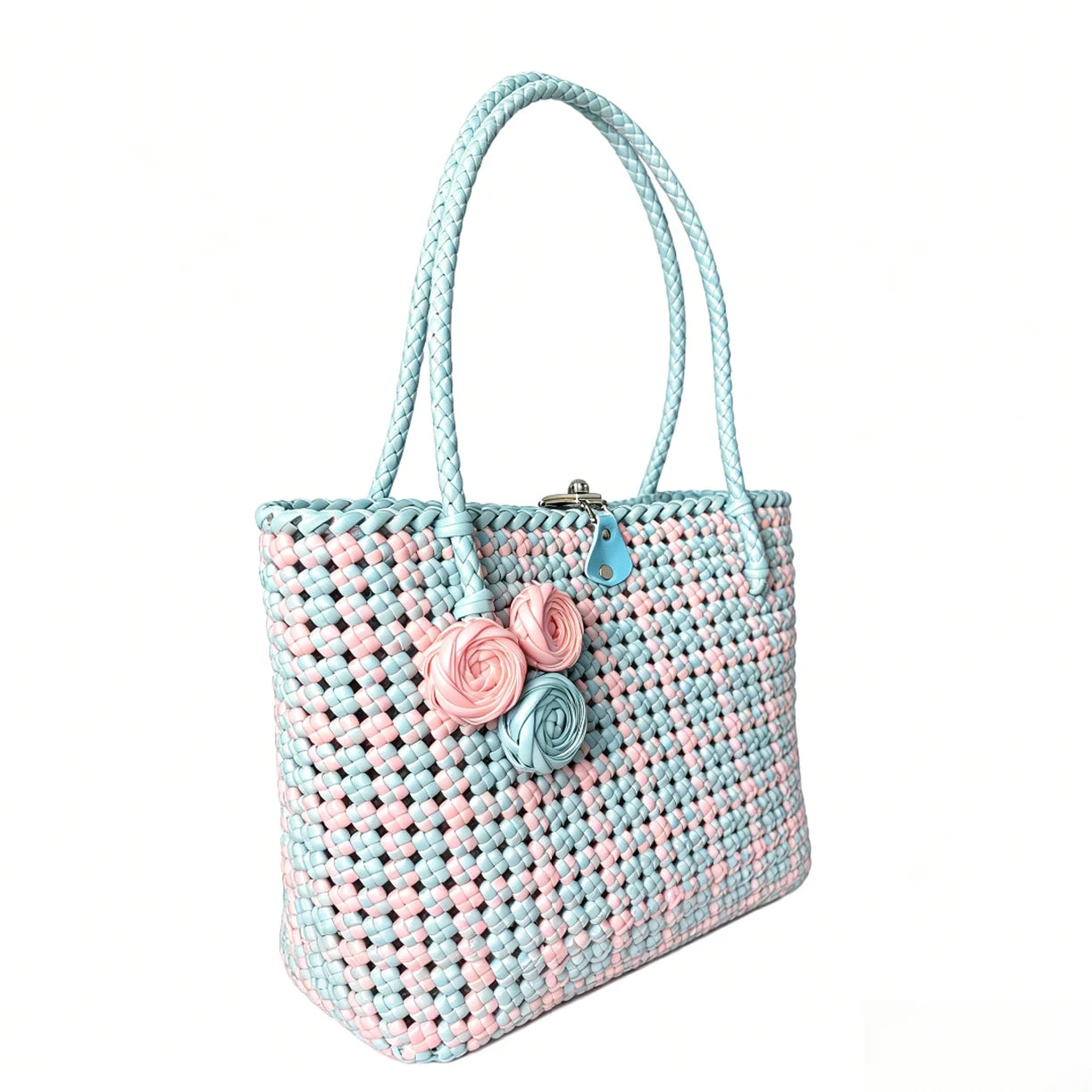 Floral detail on a handmade pastel PE rattan woven tote bag.