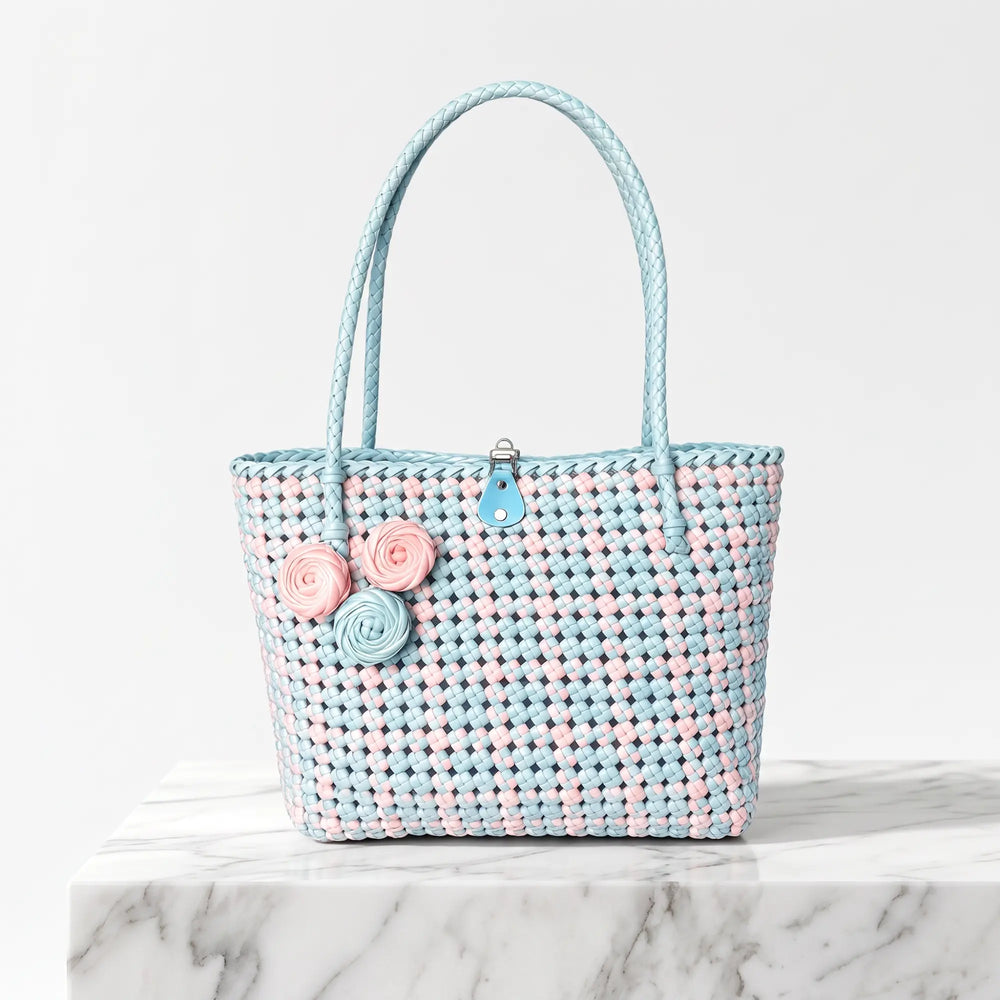 Close-up of the woven texture on a pastel PE rattan tote bag.