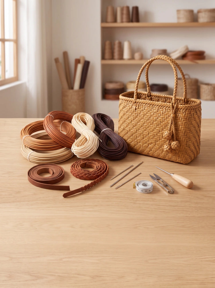 PE rattan weaving materials, craft tools, and handmade woven bags for DIY projects.