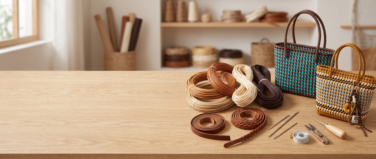 PE rattan weaving materials, craft tools, and handmade woven bags for DIY projects.