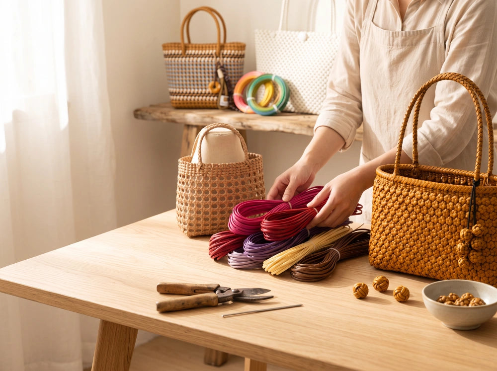 Handmade weaving process with PE rattan materials and creative workspace at WEAVORIA.